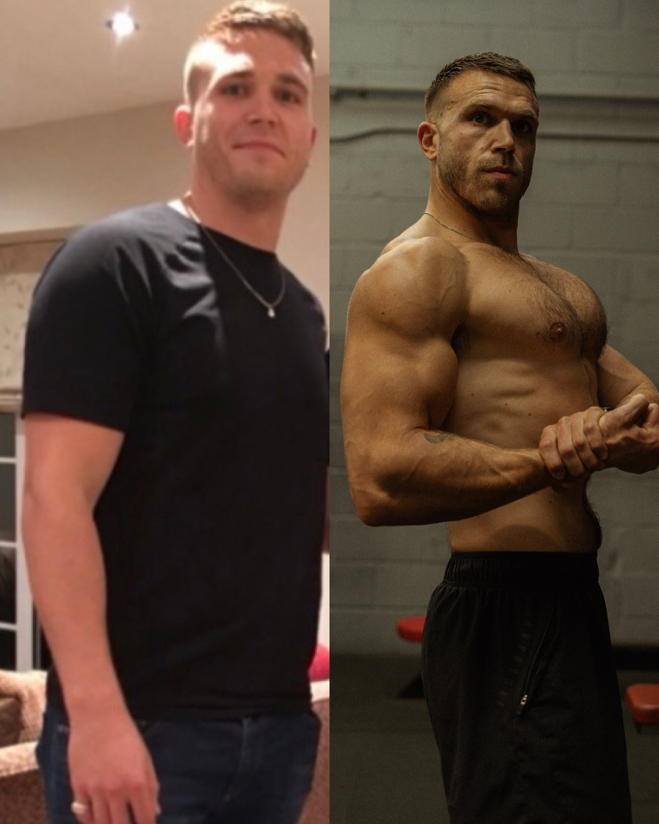 Side-by-side comparison of a man before and after a transformation, showing a black t-shirt on the left and no shirt on the right.